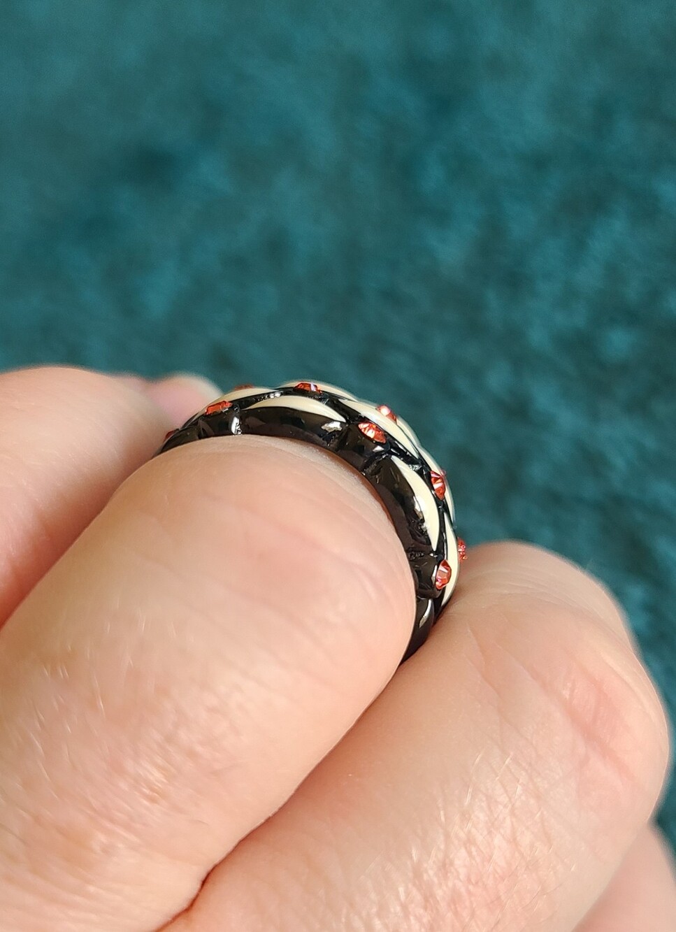 Black Band Ring with Ivory Accents and Garnets - Picture 3 of 7